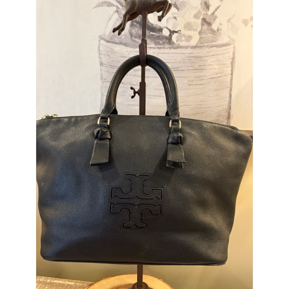Tory Burch Harper Slouchy Satchel Zip Top Tote Purse Black Leather